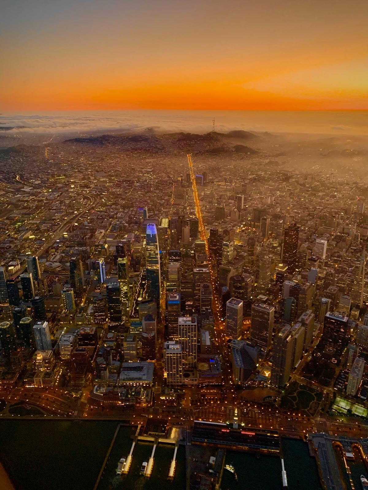 San Francisco downtown from the air at golden hour