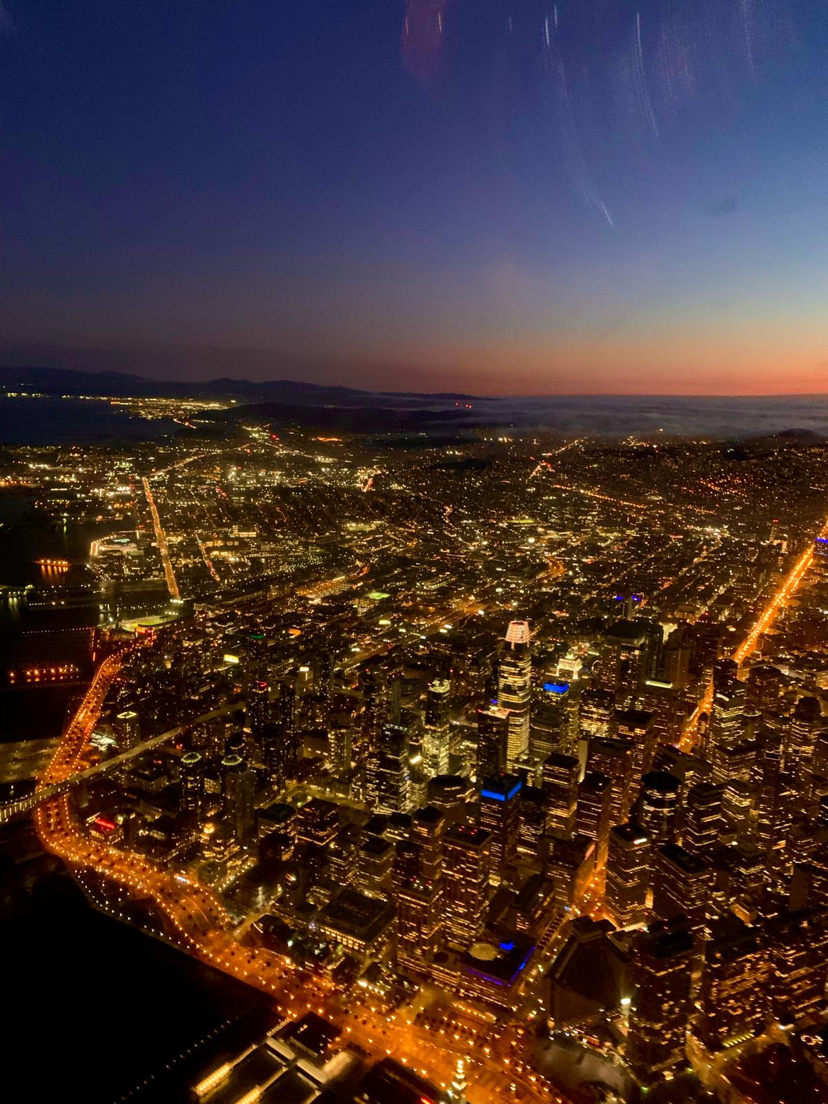 San Francisco city lights at night from the air