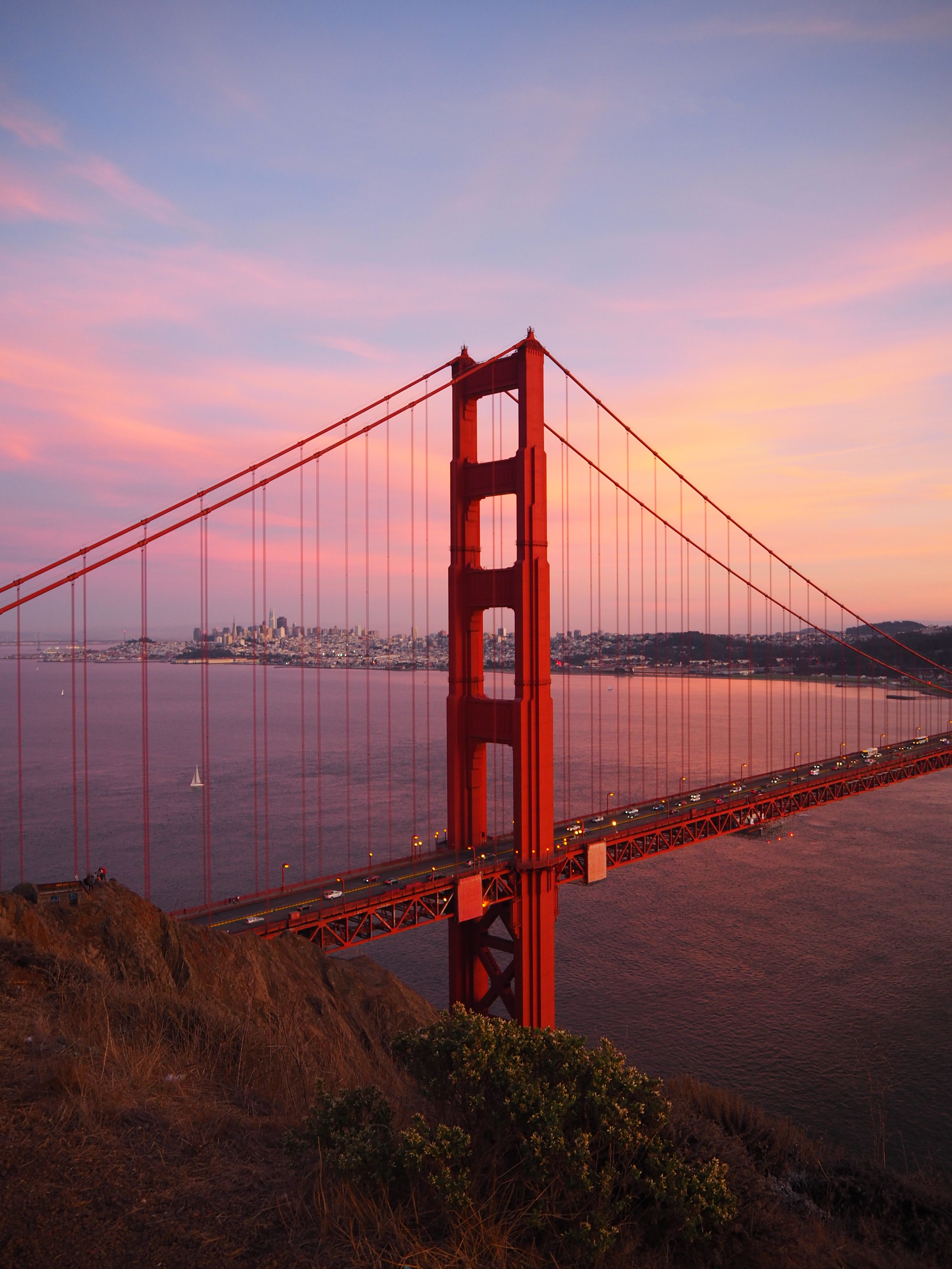 Golden Gate Bridge tower at sunset